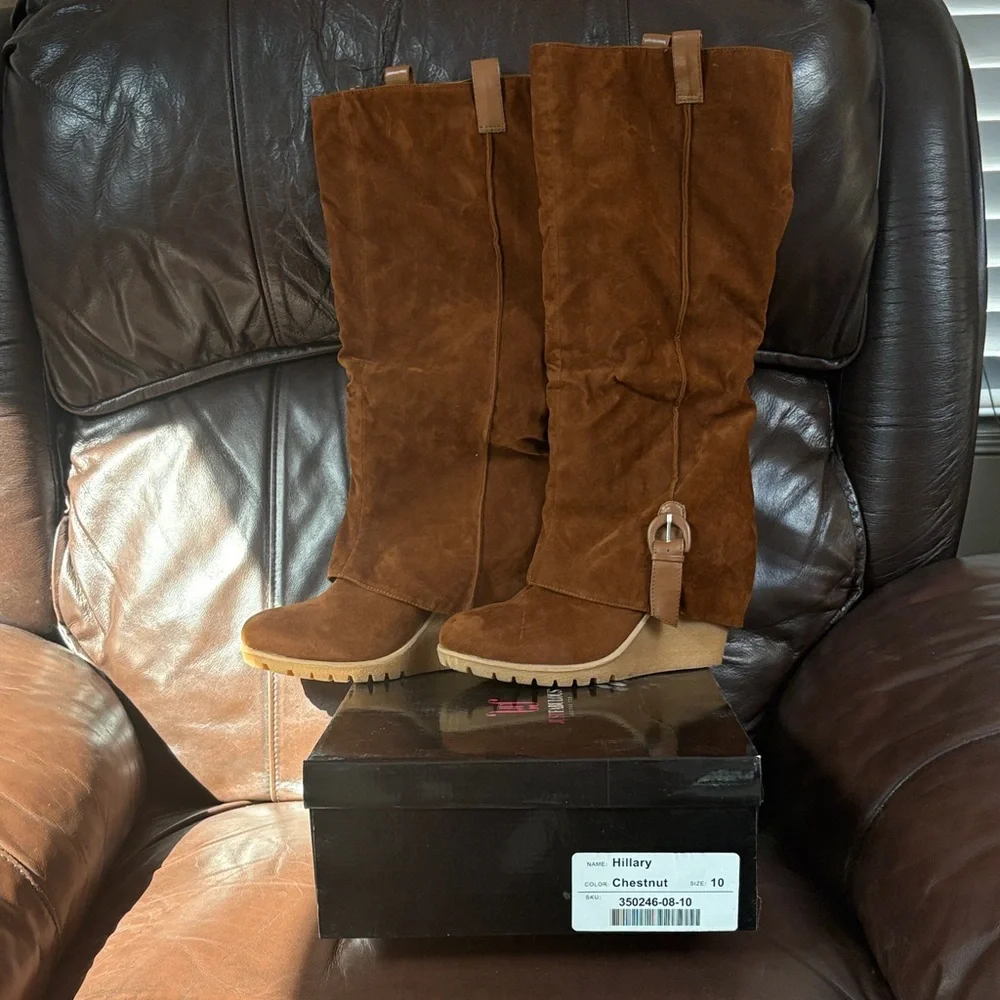 JustFab Chestnut Suede Knee-High Wedge Boots - Picture 1 of 8